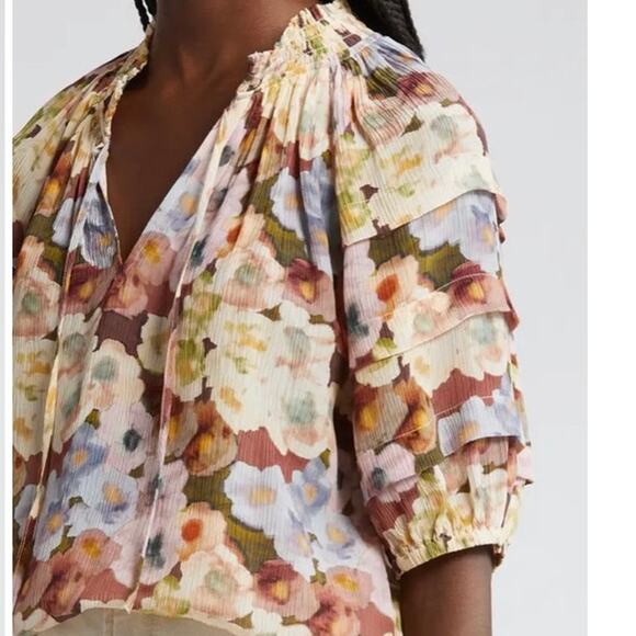 Rails Paris Floral Split Neck Top Small Multicolor Ruffle Sleeve Crinkle Blouse - Picture 4 of 11